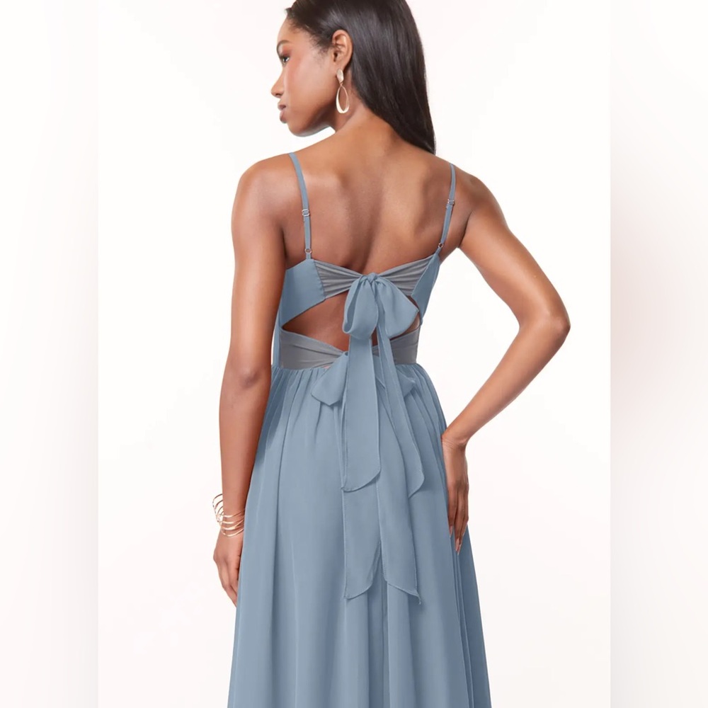 NWT Azazie Zeya Dusty Blue Ruched Chiffon Maxi Dress Bridesmaid Gown Women's A12 - Picture 3 of 8